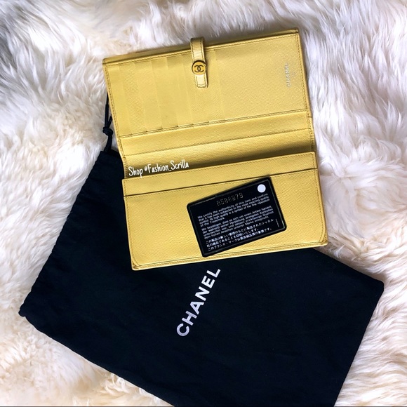 CHANEL Coco Button Snap Yellow Caviar 2004 Vintage Leather Long Wallet - Picture 12 of 15